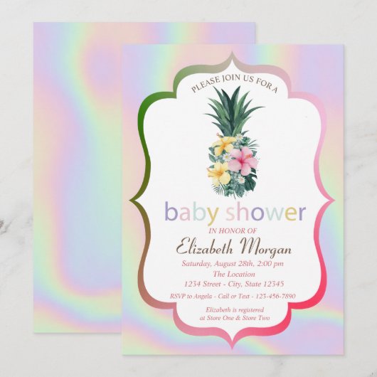 Pineappelbloemen Holografisch Baby shower Kaart (Voorkant / Achterkant)