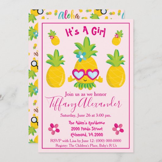 Pineappelfeest Het is een meisje Baby shower Fun Kaart (Voorkant / Achterkant)