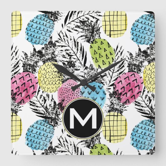 Pineappelgrunge-palmen | Monogram Vierkante Klok (Voorkant)