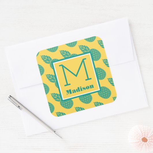 Pineappelpatroon | Monogram Vierkante Sticker (Envelop)