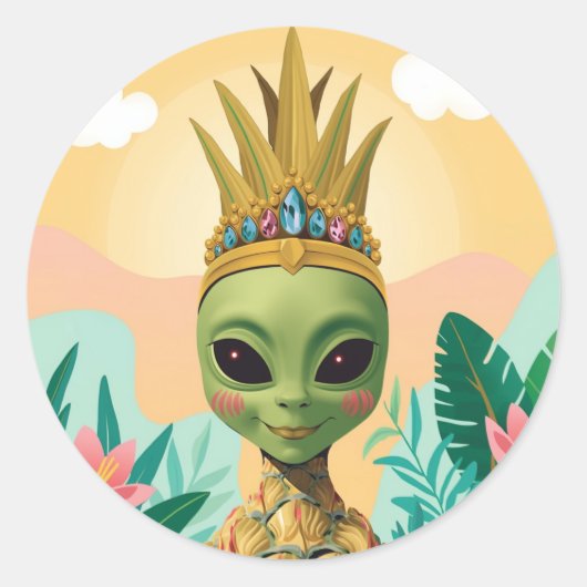 Pineapple Alien – Tropical Funny Fruit Art Ronde Sticker (Voorkant)