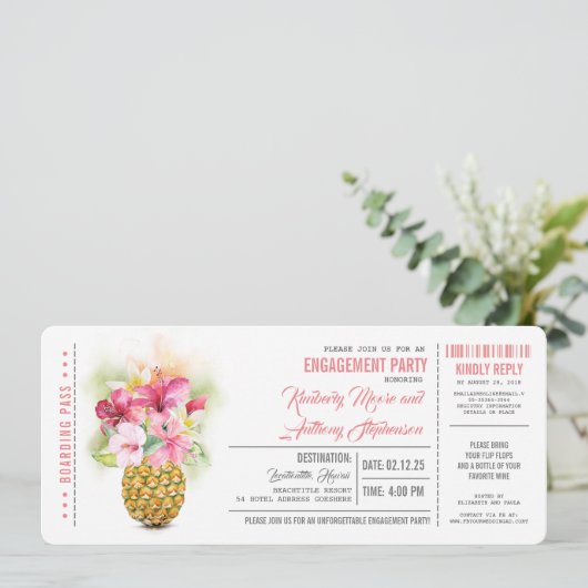 Pineapple Boarding Pass Ticket Verlovingsfeest Kaart (Staand voorkant)