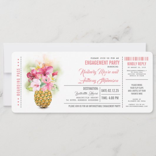 Pineapple Boarding Pass Ticket Verlovingsfeest Kaart (Voorkant)