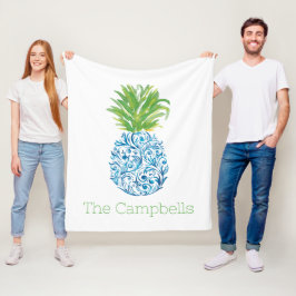Pineapple Chinoiserie Blue White Preppy Name Fleece Deken