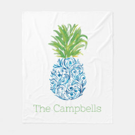 Pineapple Chinoiserie Blue White Preppy Name Fleece Deken