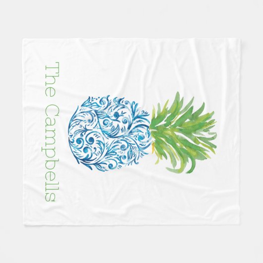 Pineapple Chinoiserie Blue White Preppy Name Fleece Deken (Voorkant (Horizontaal))