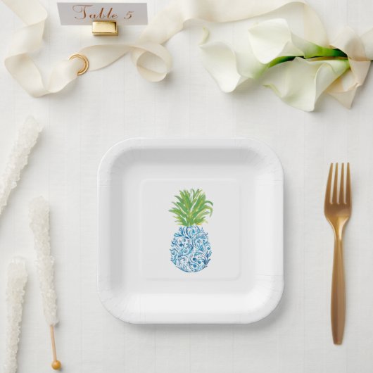 Pineapple Chinoiserie Blue White Preppy Papieren Bordje (Huwelijk)