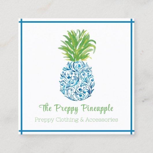 Pineapple Chinoiserie Blue White Preppy Vierkante Visitekaartje (Voorkant)