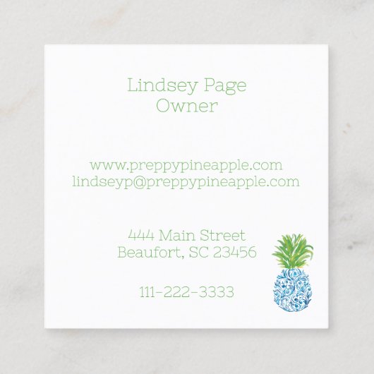 Pineapple Chinoiserie Blue White Preppy Vierkante Visitekaartje (Achterkant)