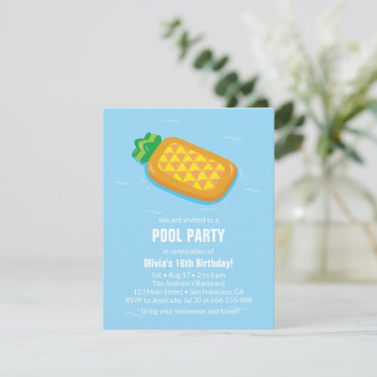 Pineapple Float Summer Birthday Party Uitnodiginge Kaart (Staand voorkant)