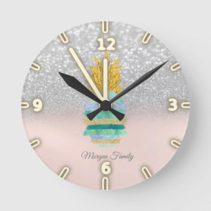 Pineapple Green Glitter Silver Glitter Bokeh Ronde Klok