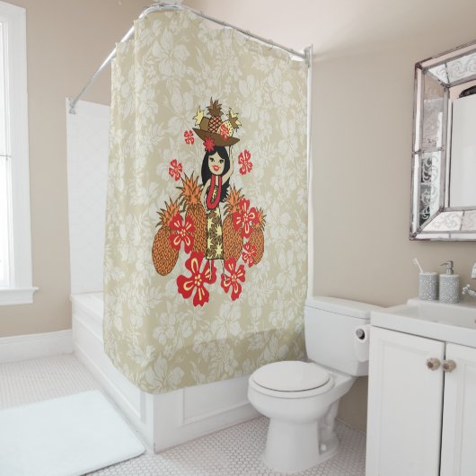 Pineapple Luau Hawaiian Hula Girl Douchegordijn (In situ)