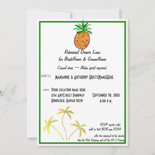 Pineapple Luau Rehearsel Dinner Kaart (Voorkant)