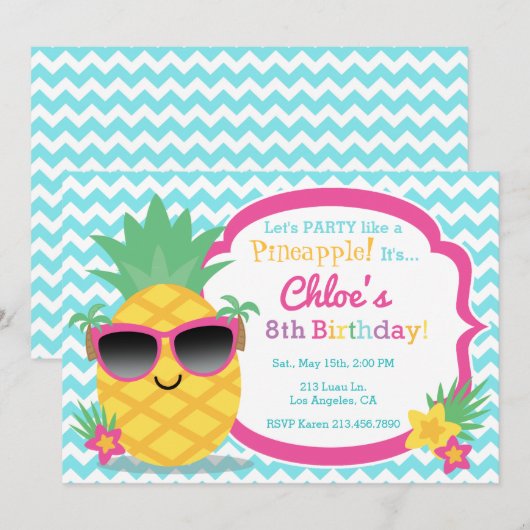 Pineapple Luau verjaardagsfeestje uitnodiging (Voorkant / Achterkant)