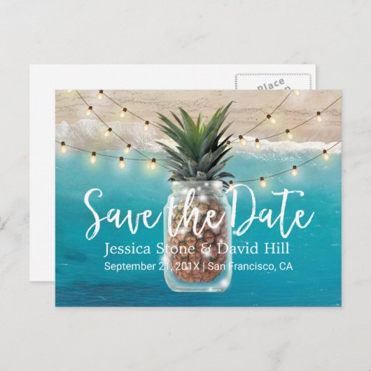 Pineapple Mason Jar Beach Weddenschap Save the Dat Aankondigingskaart (Voorkant / Achterkant)