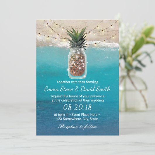 Pineapple Mason Jar String Lights Beach Weddenscha Kaart (Staand voorkant)