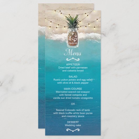 Pineapple Mason Jar Tropical Beach Wedding Menu (Voorkant / Achterkant)