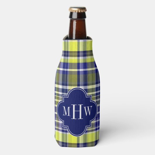Pineapple Navy Blue White Preppy Madras Monogram Flesjeskoeler (Fles Voorkant)