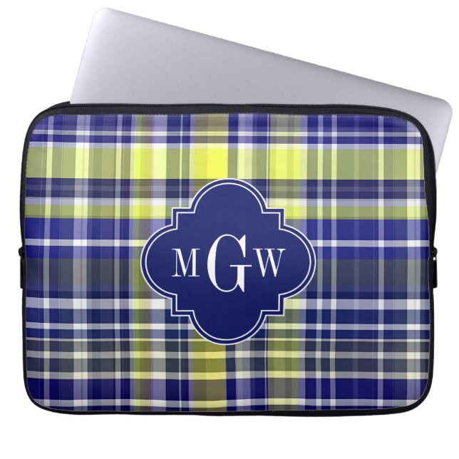 Pineapple Navy Blue White Preppy Madras Monogram Laptop Sleeve (Voorkant)