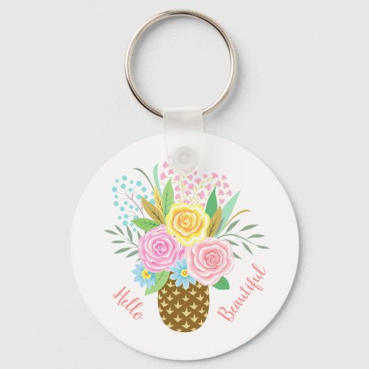 Pineapple Rose Bouquet Hallo Prazimetisch Roze Gee Sleutelhanger (Voorkant)