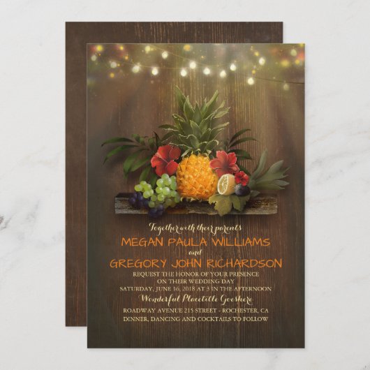 Pineapple Tropical String Lights Strandbruiloft Kaart (Voorkant / Achterkant)