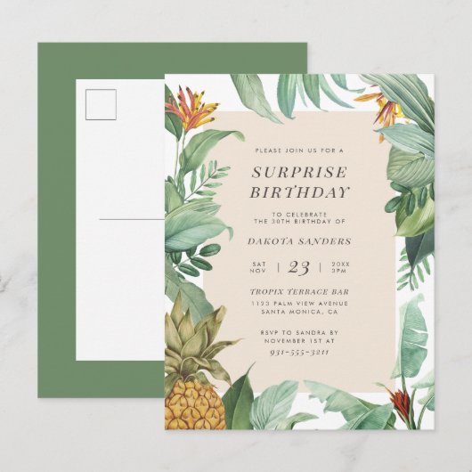 Pineapple Tropics | Floral Surprise Birthday Party Uitnodiging Briefkaart (Voorkant / Achterkant)
