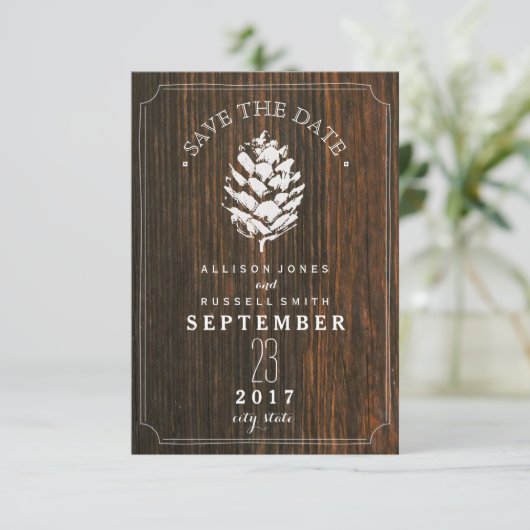 Pinecone Barn Wood Wedding Save the Date (Staand voorkant)