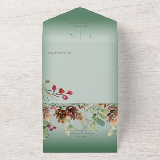 Pinecone & Berries Modern Green QR Code All In One Uitnodiging (Buitenkant)