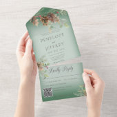Pinecone & Berries Modern Green QR Code All In One Uitnodiging (Afscheurbaar)
