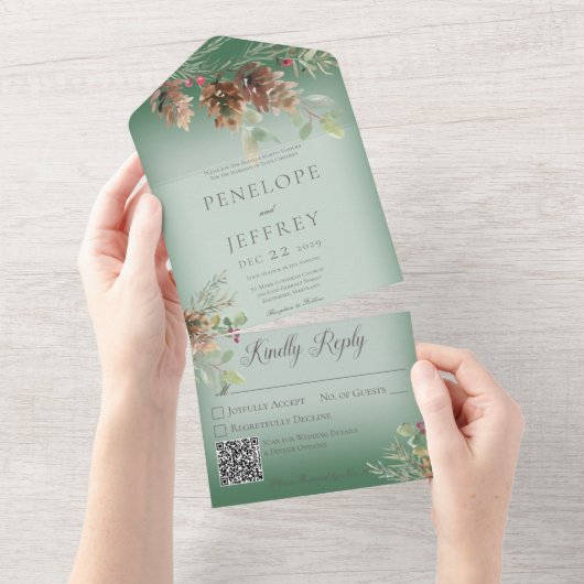 Pinecone & Berries Modern Green QR Code All In One Uitnodiging (Afscheurbaar)