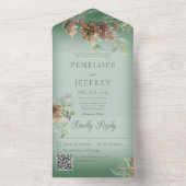 Pinecone & Berries Modern Green QR Code All In One Uitnodiging (Binnen)