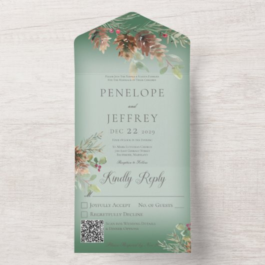 Pinecone & Berries Modern Green QR Code All In One Uitnodiging (Binnen)