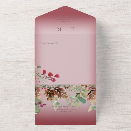 Pinecone & Berries Modern Wine Red Dinner All In One Uitnodiging (Buitenkant)