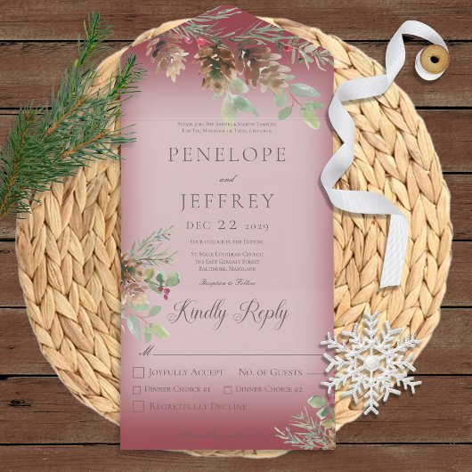 Pinecone & Berries Modern Wine Red Dinner All In One Uitnodiging