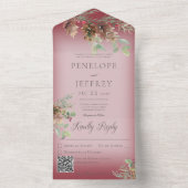 Pinecone & Berries Modern Wine Red QR Code All In One Uitnodiging (Binnen)