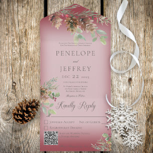 Pinecone & Berries Modern Wine Red QR Code All In One Uitnodiging