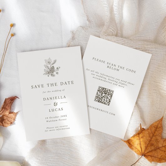 Pinecone & eikels Fall Wedding QR-code Save The Date
