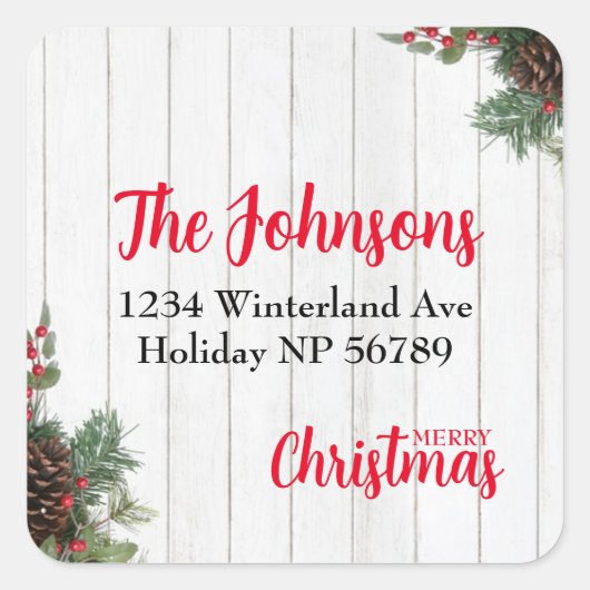 Pinecone en Holly Merry Christmas Retouradres Vierkante Sticker (Voorkant)