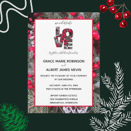 Pinecone Evergreens Red Berries Wedding Invitation Kaart