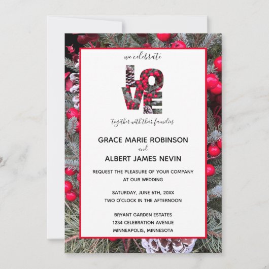 Pinecone Evergreens Red Berries Wedding Invitation Kaart (Voorkant)