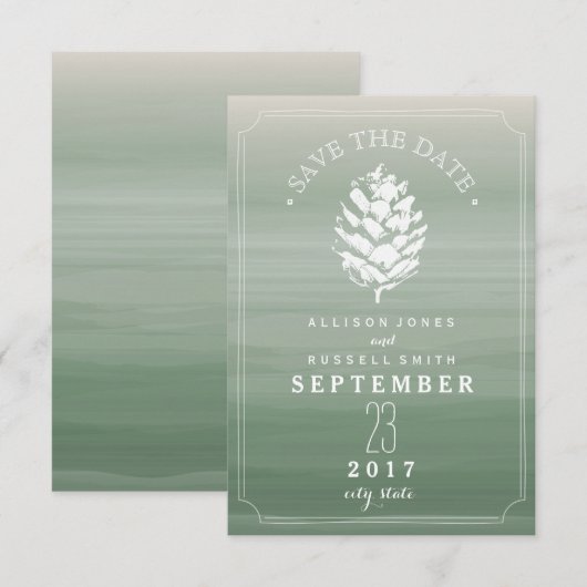 Pinecone Green Waterverf Wedding Save the Date (Voorkant / Achterkant)