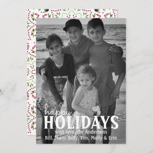 Pinecone Holly-kerstfotokaart 1 Foto Feestdagenkaart (Voorkant / Achterkant)