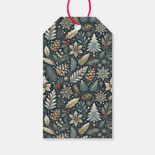 Pinecone, Holly, Sneeuwvlokken & Bessen Vakantie Cadeaulabel (Voorkant)