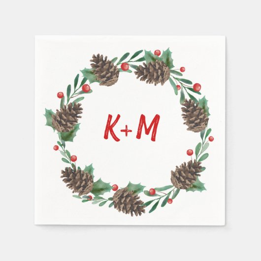 Pinecone Krans Berry Kerst Huwelijk Monogram Servet (Voorkant)
