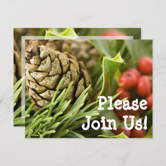 Pinecone met Holly Custom-kerstuitnodigingen Kaart (Voorkant / Achterkant)