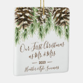 Pinecone Onze eerste Kerstmis als Mr. & Mrs. Keramisch Ornament (Rechts)