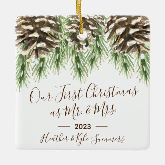 Pinecone Onze eerste Kerstmis als Mr. & Mrs. Keramisch Ornament (Voorkant)