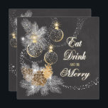 Pinecone Ornaments Chalkboard kerst Kaart<br><div class="desc">Het feestelijke kerstthema heeft het karakter van een Chalkboardkunstwerk met dennenkegels, pijnboomtakken en delicaat goudgeaccenteerde feestsiervoorwerpen en het duwen van glans stippen. De voorzijde van kaart heeft gezegde van de typografische tekst Eat, Drink en zijn Merry. Pas alles aan de tekst op kaart terug met uw kerstfeest- of Open House-informatie....</div>