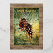 Pinecone Pine Needles Greenery Waterverf Gold Folie Feestdagenkaart (Voorkant)