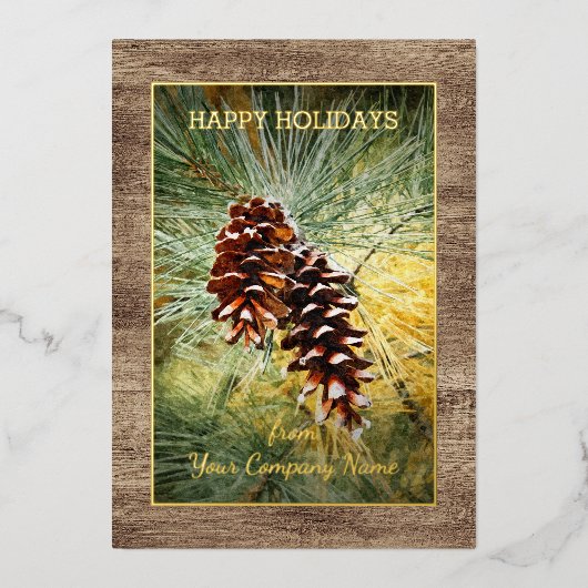 Pinecone Pine Needles Greenery Waterverf Gold Folie Feestdagenkaart (Voorkant)